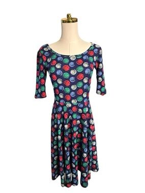 LuLaRoe Nicole Fit & Flare Navy Dress with Red White Green Polka Dots Size S
